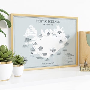 Cartel de mapa de viaje personalizado de Islandia, itinerario de viaje por carretera personalizado, recuerdo del diario de aventuras islandés, regalo de aniversario de cumpleaños de viaje