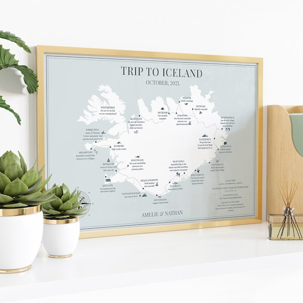 Iceland Personalized Travel Map Poster, Custom Road Trip Itinerary, Icelandic Adventure Diary Souvenir, Travel Birthday Anniversary Gift