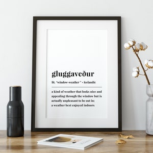 Affiche de phrase islandaise Gluggaveður, impression de définition de mot islandais, dicton islandais souvenir cadeau de voyage d'anniversaire, art mural de phrase