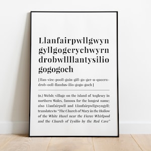 Llanfairpwllgwyngyll Wales Poster, Welsh Celtic Word Phrase Definition Print, Wales Cymru Travel Souvenir, Birthday Anniversary Gift