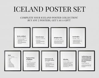 Conjunto de Islandia de 3 carteles, frase islandesa que dice cartel, impresión de definición de palabra en idioma islandés, recuerdo islandés, regalo de viaje de cumpleaños