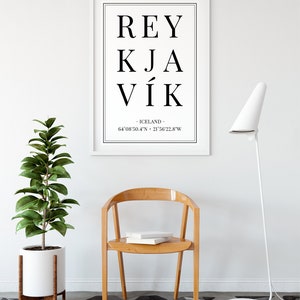 Cartel de coordenadas de la ciudad de Reykjavík Islandia, impresión de recuerdo islandés, arte de la pared de ciudades europeas, regalo de aniversario de viaje de cumpleaños imagen 3