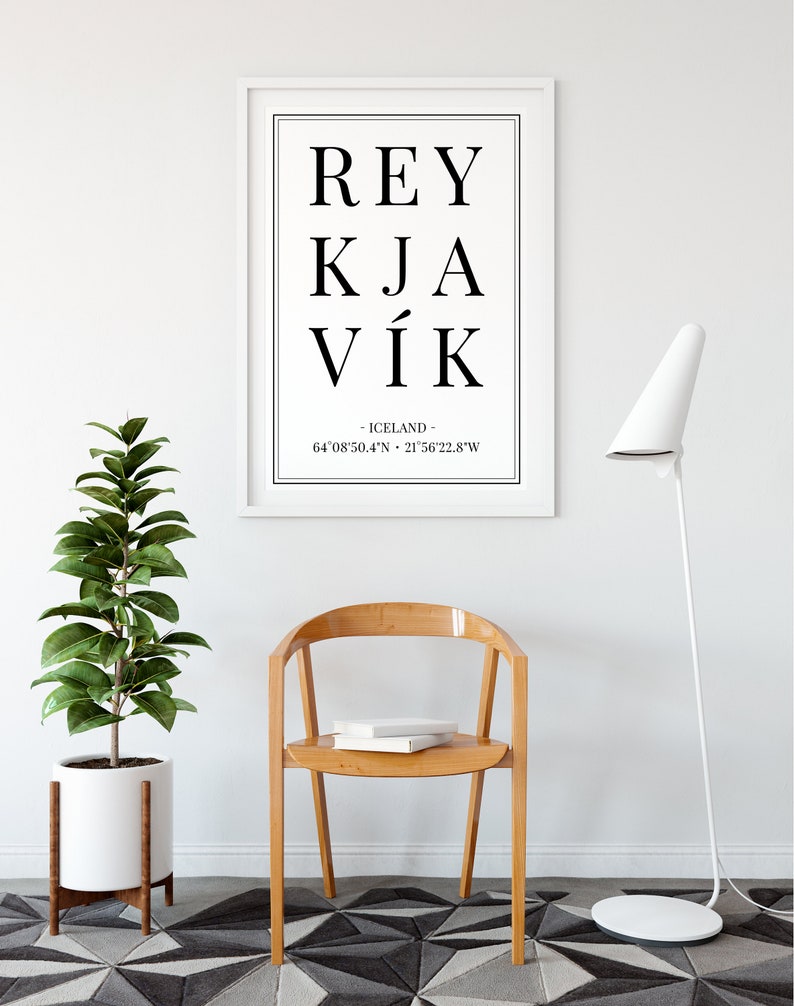 Cartel de coordenadas de la ciudad de Reykjavík Islandia, impresión de recuerdo islandés, arte de la pared de ciudades europeas, regalo de aniversario de viaje de cumpleaños imagen 3