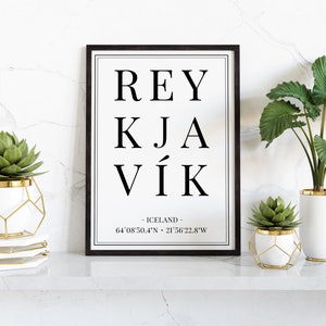Cartel de coordenadas de la ciudad de Reykjavík Islandia, impresión de recuerdo islandés, arte de la pared de ciudades europeas, regalo de aniversario de viaje de cumpleaños imagen 6