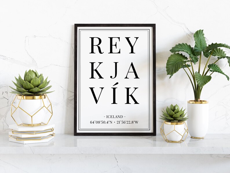 Cartel de coordenadas de la ciudad de Reykjavík Islandia, impresión de recuerdo islandés, arte de la pared de ciudades europeas, regalo de aniversario de viaje de cumpleaños imagen 6