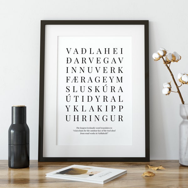 La plus longue affiche de phrase de mot islandais, impression de définition de mot islandais, cadeau d’anniversaire souvenir de voyage