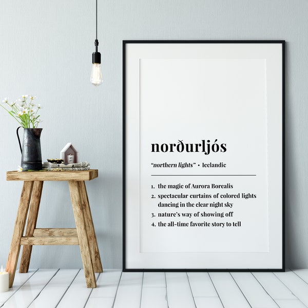 Norðurljós Icelandic Phrase Poster, Iceland Word Definition Print, Icelandic Souvenir Birthday Travel Gift, Northern Lights Wall Art