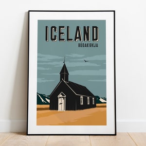 Affiche Islande, Búðakirkja, Affiche de voyage illustrée, Impression vintage, Art mural rétro, Décoration intérieure, Voyage, Envie de voyager, Cadeau d’anniversaire