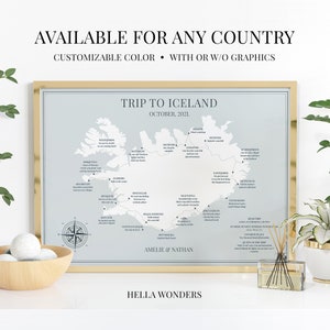 Cartel digital del mapa de viaje personalizado de Islandia, itinerario de viaje por carretera personalizado, recuerdo de aventura islandesa, regalo de aniversario de cumpleaños de viaje