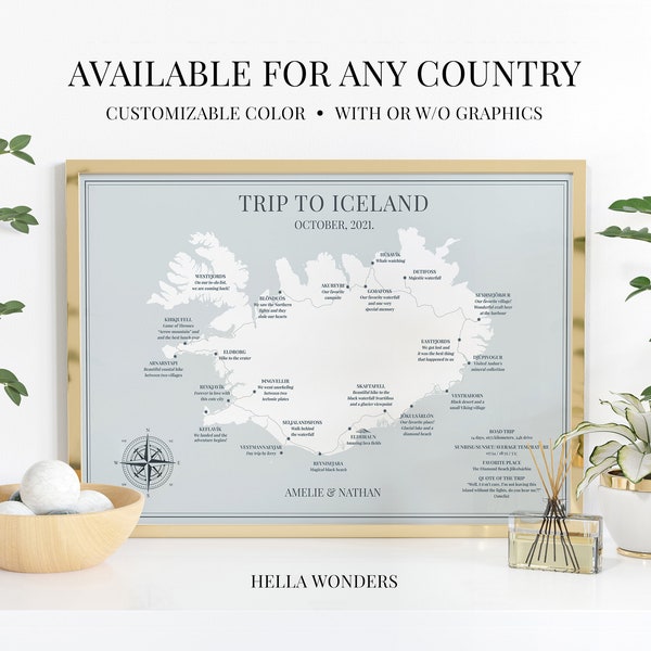 Iceland Personalized Travel Map Digital Poster, Custom Road Trip Itinerary, Icelandic Adventure Souvenir, Travel Birthday Anniversary Gift