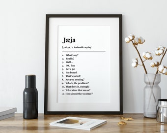 Cartel de frase islandesa de Jæja, impresión de definición de palabra de Islandia, regalo de viaje de cumpleaños de recuerdo islandés, signo de arte de pared de frase