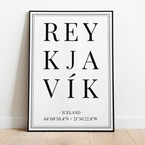 Cartel de coordenadas de la ciudad de Reykjavík Islandia, impresión de recuerdo islandés, arte de la pared de ciudades europeas, regalo de aniversario de viaje de cumpleaños imagen 4