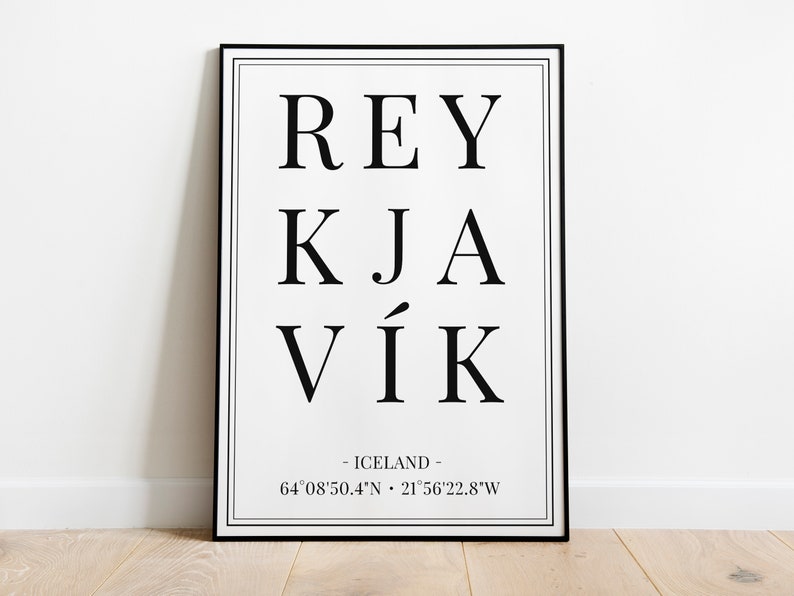 Cartel de coordenadas de la ciudad de Reykjavík Islandia, impresión de recuerdo islandés, arte de la pared de ciudades europeas, regalo de aniversario de viaje de cumpleaños imagen 4