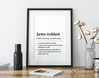 Cartel de frase islandesa de Þetta Reddast, impresión de dicho de Thetta Reddast, signo de definición de palabra, regalo de viaje de cumpleaños de recuerdo islandés