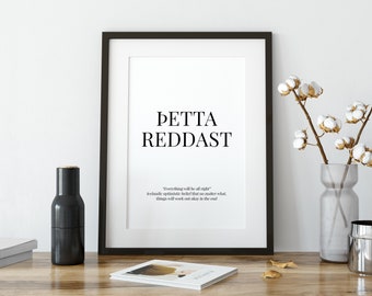 Cartel de frase islandesa de Þetta Reddast, impresión de dicho de Thetta Reddast, signo de definición de palabra, regalo de viaje de cumpleaños de recuerdo islandés
