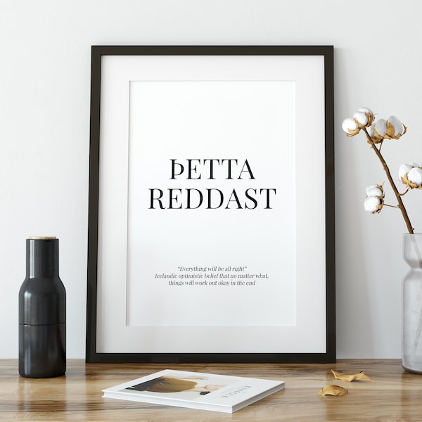 Affiche de phrase islandaise Þetta Reddast, impression de dicton Thetta Reddast, signe de définition de mot, cadeau de voyage d’anniversaire souvenir islandais