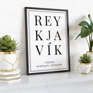 Cartel de coordenadas de la ciudad de Reykjavík Islandia, impresión de recuerdo islandés, arte de la pared de ciudades europeas, regalo de aniversario de viaje de cumpleaños imagen 5
