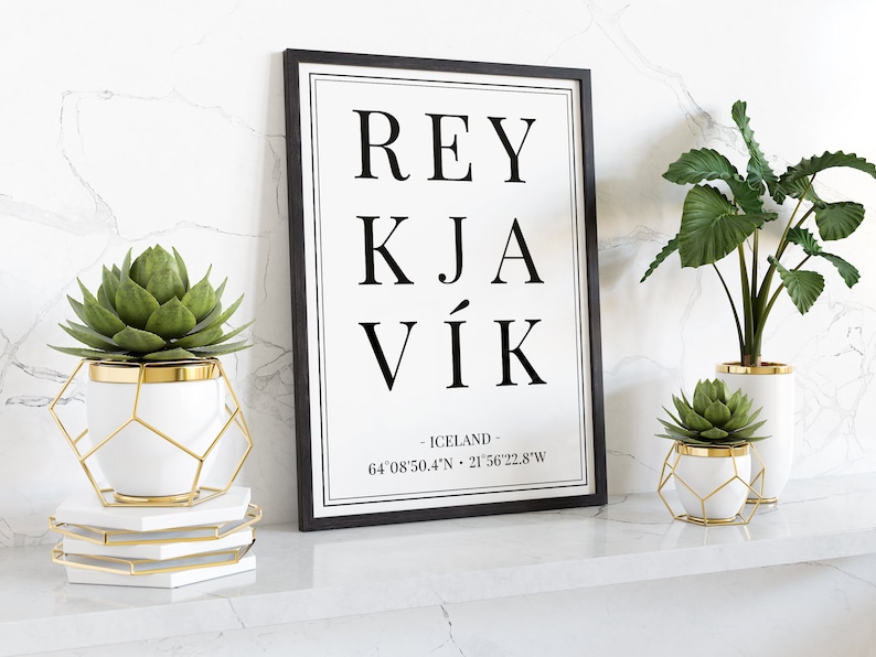Cartel de coordenadas de la ciudad de Reykjavík Islandia, impresión de recuerdo islandés, arte de la pared de ciudades europeas, regalo de aniversario de viaje de cumpleaños imagen 5
