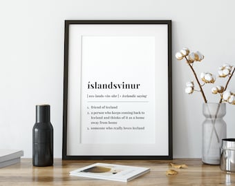 Cartel de frase islandesa de Íslandsvinur, Amigo de Islandia diciendo impresión, signo de definición de palabra de Islandia, regalo de viaje de cumpleaños de recuerdo islandés