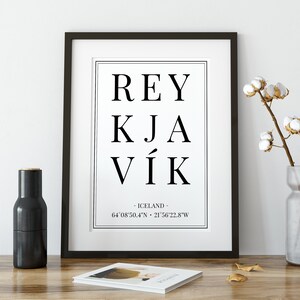 Cartel de coordenadas de la ciudad de Reykjavík Islandia, impresión de recuerdo islandés, arte de la pared de ciudades europeas, regalo de aniversario de viaje de cumpleaños imagen 2