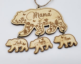 Mama Bear With Baby Bears Flowered Christmas Ornament Mirror Dangler Fridge Magnet