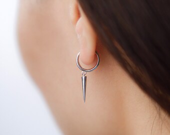 925 Sterling Silver Cone Hoop Earrings, Unique fashion spike hoop earrings ear huggies