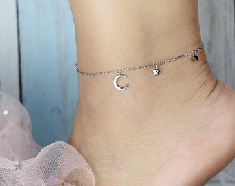 Foot Jewelry Stainless Steel Anklets Moon & Star Charm Ankle Bracelets SSA505 Foot Jewelry Stainless Steel Anklets Moon & Star Charm Ankle Bracelets SSA505