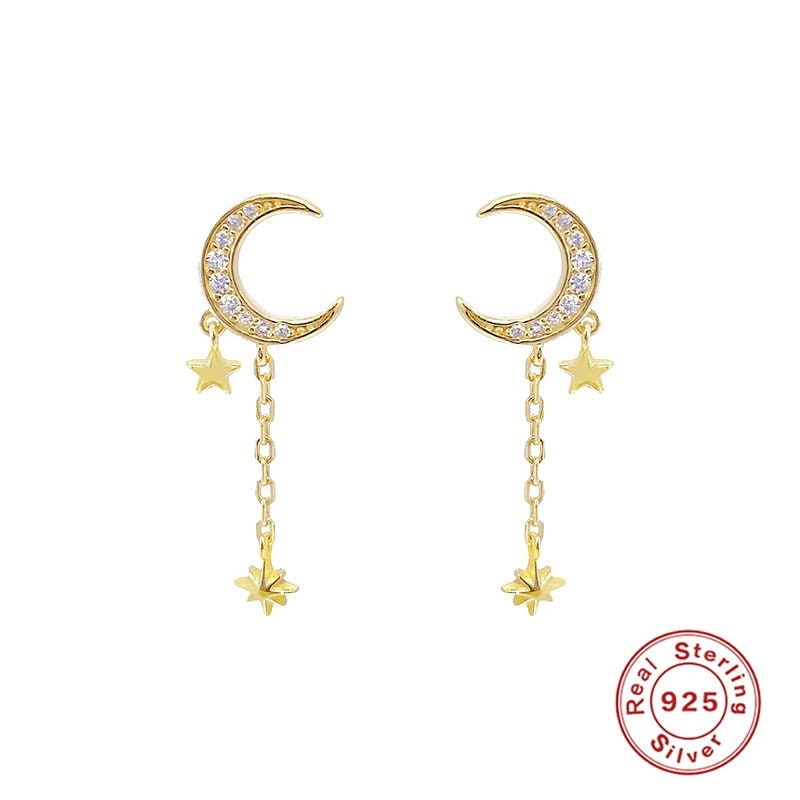 18k gold plated 925 sterling silver moon and star dangle stud | Etsy