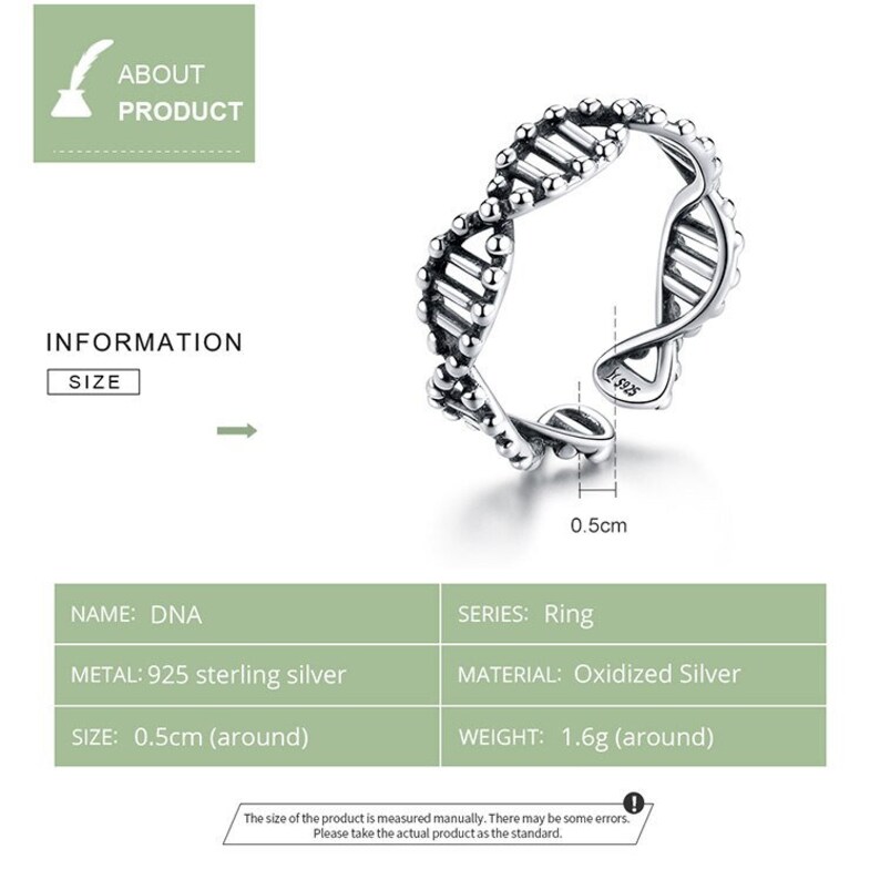 925 sterling silver DNA strand open band ring Thai oxidation accent solid sterling silver DNA spiral strand adjustable ring open band ring