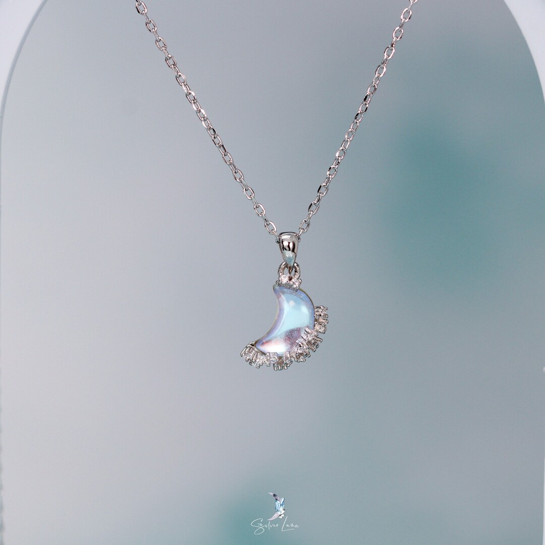 925 Sterling Silver Crescent Moon Pendant Necklace Elegant CZ - Etsy