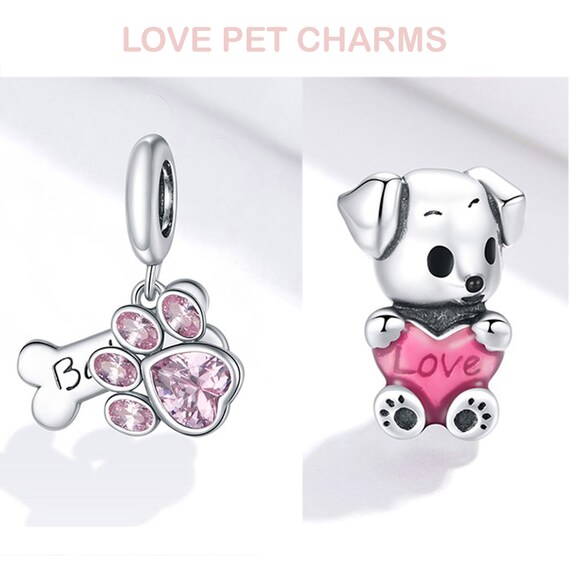 925 Sterling Silver Lovely Dog Heart Charms Bone and Paw Pet | Etsy