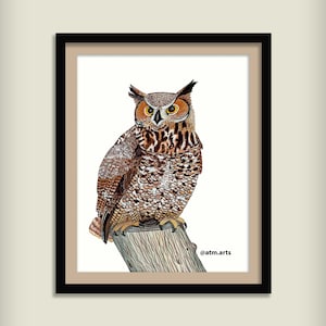 Owl Wall Art Print, Physical Print, Woodland Animal Art, Cottage Decor, Great Horned Owl, Forest Themed Decor, Nature Art