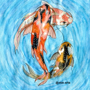 Koi Fish Art Print, Physical Print, Koi Pond Theme, Cottage Decor, Oriental Wall Art, Colorful Koi Watercolor