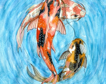 Koi Fish Art Print, Physical Print, Koi Pond Theme, Cottage Decor, Oriental Wall Art, Colorful Koi Watercolor
