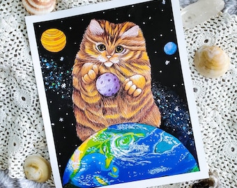 Space Cat Art, Physical Print, Wall Decor, Celestial Cat Art, Cat Lover Gift, Gifts For Cat Mom, Retro Themed Art