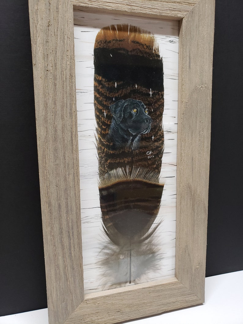 May include: A framed painting of a black dog on a feather. The feather is brown and white with a black background. The dog is looking to the right. The painting is signed "CH 2014".