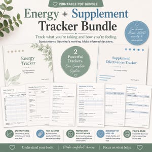 May include: A printable PDF bundle titled Energy + Supplement Tracker Bundle featuring various tracking sheets including an Energy Tracker, Supplement Effectiveness Tracker, Daily Energy Log, Monthly Pattern Overview, Doctor Summary, and Supplement Trial Log.