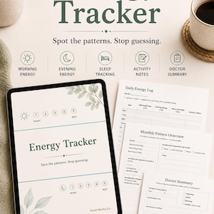 Peut inclure: Un modèle de suivi d'énergie numérique affiché sur un écran de tablette et des feuilles de papier imprimées. La mise en page comprend des sections pour l'énergie du matin, du soir, le sommeil, les notes d'activité et un résumé médical, format 21,59 x 27,94 cm.