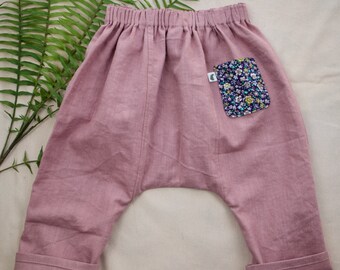 Linen Toddler Baby Trousers,  Lavender Pink Baggy Fit Bottoms, Lightweight Summer Childrenswear, Low Crotch Toddler Pants