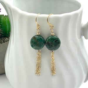 Green Gemstone Tassel Earrings in 14K Gold Fill, Serpentine Earrings in Gold, Everyday Wear, Ready to Ship