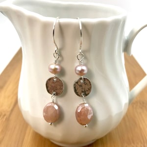 Pink Moonstone Dangle Earrings, Moonstone and Pearl Silver Earrings, June Birthstone