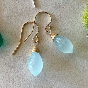 Dainty Aqua Blue Chalcedony Earrings in 14K Gold Fill, Delicate Gemstone Earrings, Faceted Dangle Earrings, Gift For Her