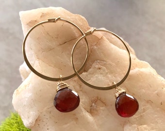 Garnet Hoop Earrings in 14 Gold Fill, Faceted Garnet Dangle Hoop Earrings, Elegant Hoop Earrings, January Birthstone, Ready to Ship