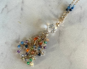 Clear Crystal Quartz and Multi-Gemstone Tassel Necklace in 14K Gold Fill, Durango Collection, One of a Kind, Gift for Mom, Ready to Ship