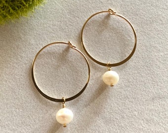 Pearl Hoop Earrings in 14 Gold Fill or Sterling Silver, Pearl Dangle Hoop Earrings, Elegant Hoop Earrings, Ready to Ship