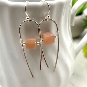 Peach Moonstone Earrings in Sterling Silver, Moonstone Earrings, Hand Hammered, Ready to ship