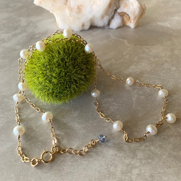 White  Pearl Station Necklace in 14k Gold Fill, Tin Cup Pearl Necklace, Freshwater Pearl Necklace, Something Blue, Ready to Ship