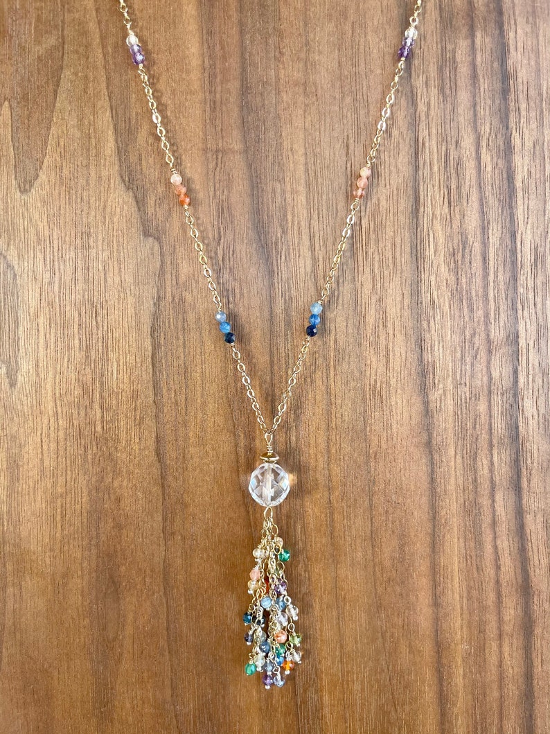 Gift for Mom Durango Collection Ready to Ship One of a Kind Clear Crystal Quartz and Multi-Gemstone Tassel Necklace in 14K Gold Fill