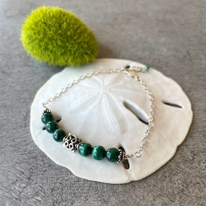 Malachite Gemstone Bar Bracelet, Bead Bar Bracelet, Bali Silver Bead, Semi Precious Stone Bracelet, Minimal Bracelet, Gift Giving