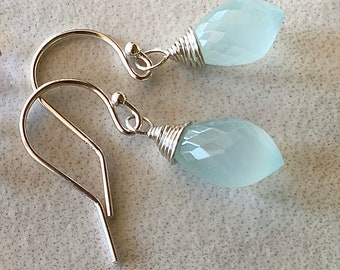 Aqua Chalcedony Earrings in Sterling Silver, Aqua Earrings, Dainty Blue Earrings, Ready to Ship